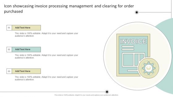 Icon Showcasing Invoice Processing Management And Clearing For Order Purchased Template PDF