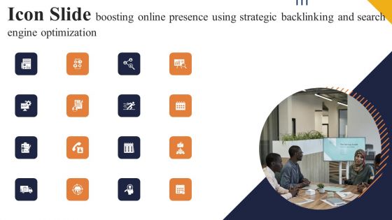 Icon Slide Boosting Online Presence Using Strategic Backlinking And Search Engine Optimization Mockup PDF