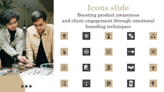 Icons Slide Boosting Product Awareness And Client Engagement Through Emotional Branding Techniques Clipart PDF