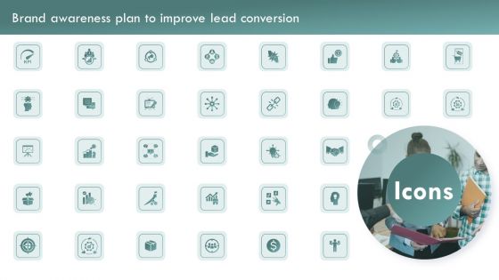 Icons Slide Brand Awareness Plan To Improve Lead Conversion Inspiration PDF