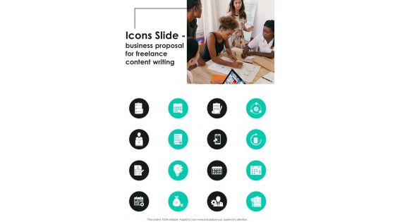 Icons Slide Business Proposal For Freelance Content Writing One Pager Sample Example Document Icons Slide Business Proposal For Freelance Content Writing One Pager Sample Example Document