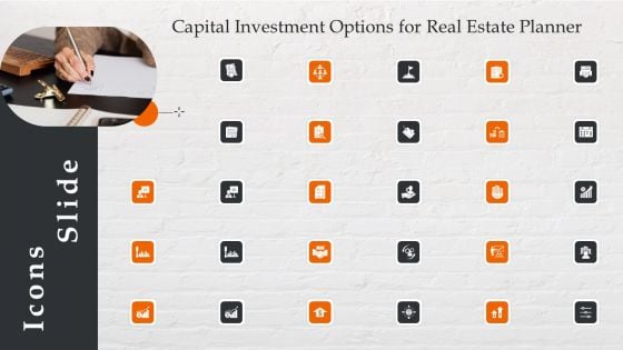 Icons Slide Capital Investment Options For Real Estate Planner Elements PDF