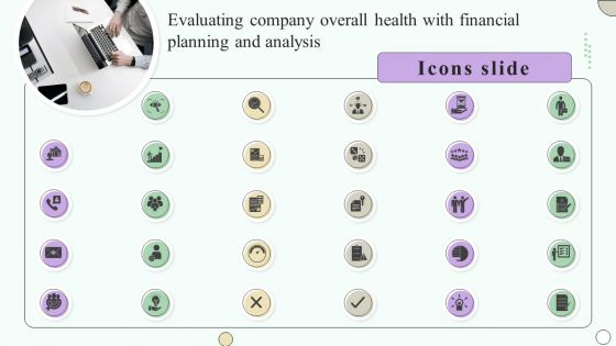 Icons Slide Estimating Business Overall Evaluating Company Overall Health With Financial Planning Introduction PDF