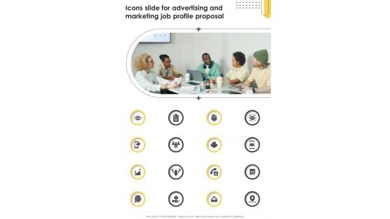 Icons Slide For Advertising And Marketing Job Profile Proposal One Pager Sample Example Document