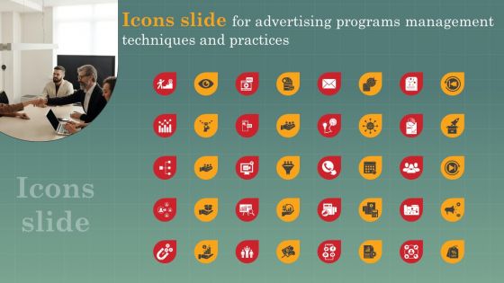 Icons Slide For Advertising Programs Management Techniques And Practices Introduction PDF