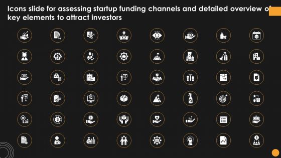 Icons Slide For Assessing Startup Funding Channels And Detailed Overview Of Key Elements Background PDF