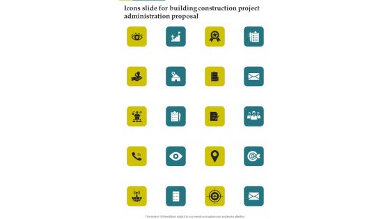 Icons Slide For Building Construction Project Administration Proposal One Pager Sample Example Document Icons Slide For Building Construction Project Administration Proposal One Pager Sample Example Document
