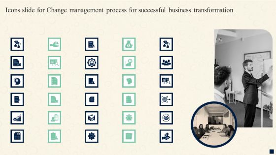 Icons Slide For Change Management Process For Successful Business Transformation Elements PDF