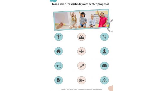 Icons Slide For Child Daycare Center Proposal One Pager Sample Example Document Icons Slide For Child Daycare Center Proposal One Pager Sample Example Document