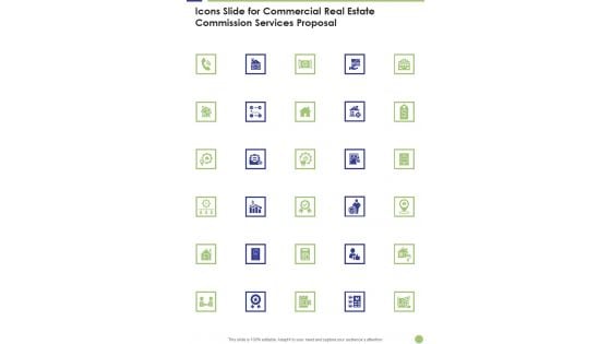 Icons Slide For Commercial Real Estate Commission Services Proposal One Pager Sample Example Document Icons Slide For Commercial Real Estate Commission Services Proposal One Pager Sample Example Document
