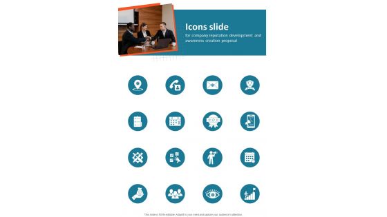 Icons Slide For Company Reputation Development And Awareness Creation One Pager Sample Example Document Icons Slide For Company Reputation Development And Awareness Creation One Pager Sample Example Document