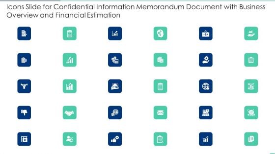 Icons Slide For Confidential Information Memorandum Document With Business Overview And Financial Estimation Background PDF