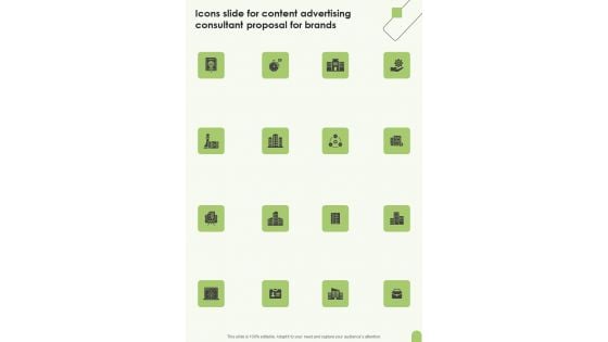 Icons Slide For Content Advertising Consultant Proposal For Brands One Pager Sample Example Document Icons Slide For Content Advertising Consultant Proposal For Brands One Pager Sample Example Document