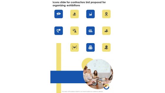 Icons Slide For Contractors Bid Proposal For Organizing Exhibitions One Pager Sample Example Document Icons Slide For Contractors Bid Proposal For Organizing Exhibitions One Pager Sample Example Document