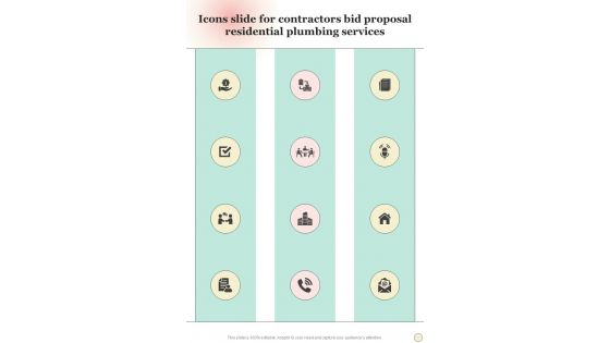 Icons Slide For Contractors Bid Proposal Residential Plumbing Services One Pager Sample Example Document Icons Slide For Contractors Bid Proposal Residential Plumbing Services One Pager Sample Example Document