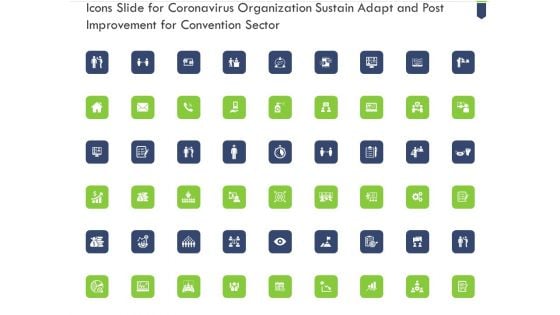 Icons Slide For Coronavirus Organization Sustain Adapt And Post Improvement For Convention Sector Designs PDF