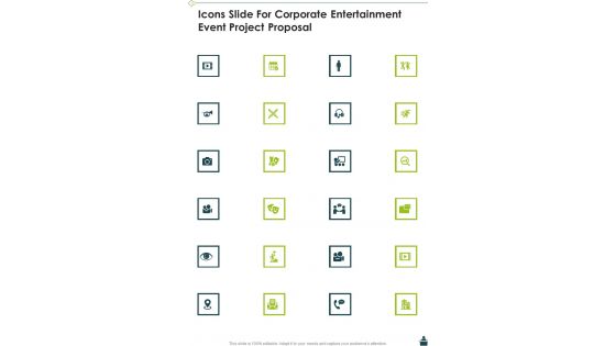Icons Slide For Corporate Entertainment Event Project Proposal One Pager Sample Example Document Icons Slide For Corporate Entertainment Event Project Proposal One Pager Sample Example Document