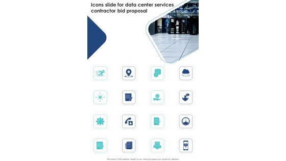 Icons Slide For Data Center Services Contractor Bid Proposal One Pager Sample Example Document Icons Slide For Data Center Services Contractor Bid Proposal One Pager Sample Example Document