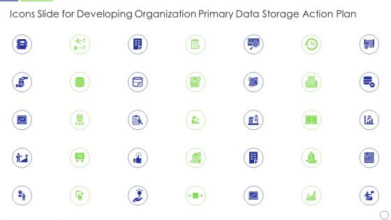 Icons Slide For Developing Organization Primary Data Storage Action Plan Infographics PDF