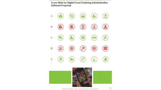 Icons Slide For Digital Food Ordering Administration Software Proposal One Pager Sample Example Document