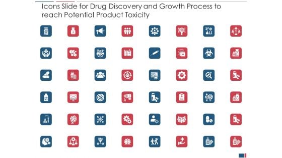 Icons Slide For Drug Discovery And Growth Process To Reach Potential Product Toxicity Demonstration PDF