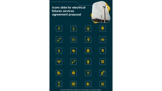 Icons Slide For Electrical Fixtures Services Agreement Proposal One Pager Sample Example Document Icons Slide For Electrical Fixtures Services Agreement Proposal One Pager Sample Example Document