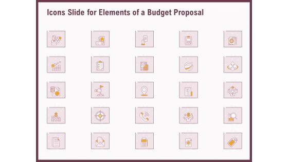 Icons Slide For Elements Of A Budget Proposal Ppt Professional Icons PDF