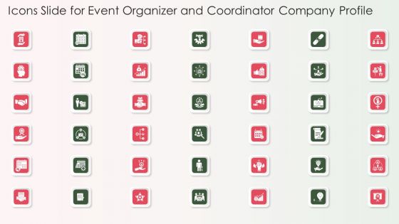 Icons Slide For Event Organizer And Coordinator Company Profile Icons PDF