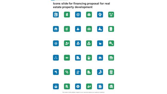 Icons Slide For Financing Proposal For Real Estate Property Development One Pager Sample Example Document Icons Slide For Financing Proposal For Real Estate Property Development One Pager Sample Example Document