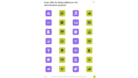 Icons Slide For Hiring Influencers For Advertisement Proposal One Pager Sample Example Document Icons Slide For Hiring Influencers For Advertisement Proposal One Pager Sample Example Document