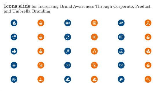 Icons Slide For Increasing Brand Awareness Through Corporate Product And Umbrella Branding Rules PDF