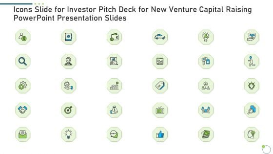 Icons Slide For Investor Pitch Deck For New Venture Capital Raising Icons PDF