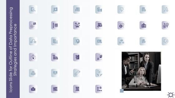 Icons Slide For Outline Of Data Preprocessing Strategies And Importance Elements PDF