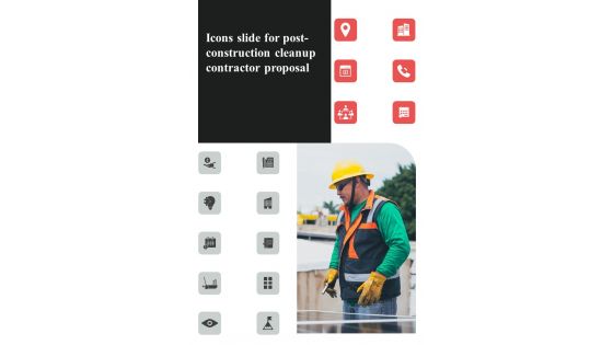 Icons Slide For Post Construction Cleanup Contractor Proposal One Pager Sample Example Document Icons Slide For Post Construction Cleanup Contractor Proposal One Pager Sample Example Document
