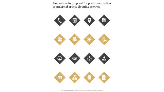 Icons Slide For Proposal For Post Construction Commercial Spaces Cleaning Services One Pager Sample Example Document Icons Slide For Proposal For Post Construction Commercial Spaces Cleaning Services One Pager Sample Example Document