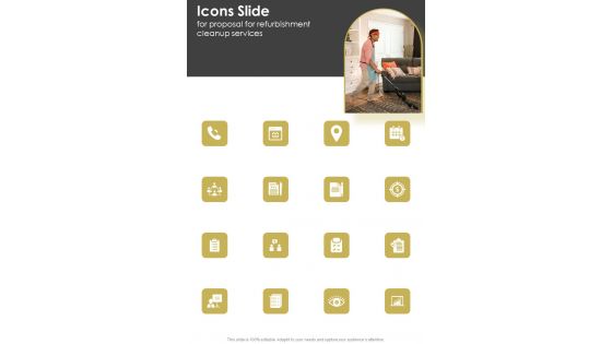 Icons Slide For Proposal For Refurbishment Cleanup Services One Pager Sample Example Document Icons Slide For Proposal For Refurbishment Cleanup Services One Pager Sample Example Document