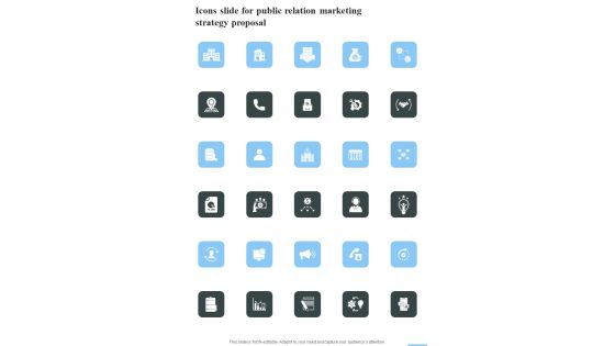 Icons Slide For Public Relation Marketing Strategy Proposal One Pager Sample Example Document Icons Slide For Public Relation Marketing Strategy Proposal One Pager Sample Example Document