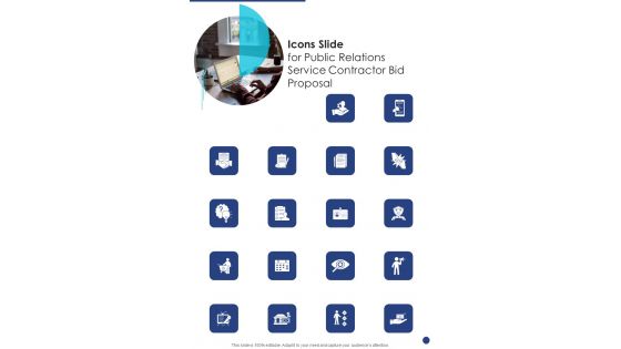 Icons Slide For Public Relations Service Contractor Bid Proposal One Pager Sample Example Document Icons Slide For Public Relations Service Contractor Bid Proposal One Pager Sample Example Document