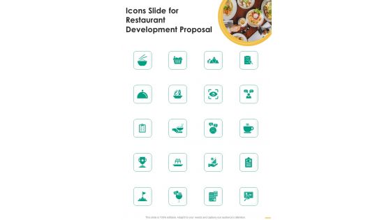 Icons Slide For Restaurant Development Proposal One Pager Sample Example Document Icons Slide For Restaurant Development Proposal One Pager Sample Example Document