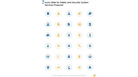 Icons Slide For Safety And Security System Services Proposal One Pager Sample Example Document Icons Slide For Safety And Security System Services Proposal One Pager Sample Example Document