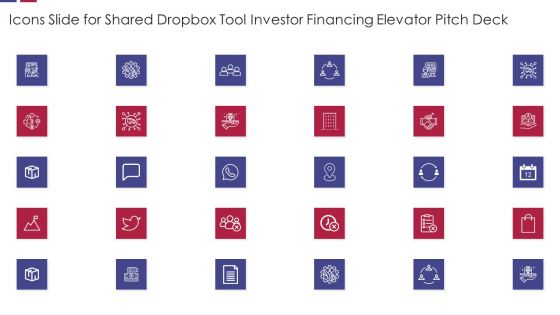 Icons Slide For Shared Dropbox Tool Investor Financing Elevator Pitch Deck Slides PDF