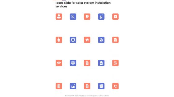 Icons Slide For Solar System Installation Services One Pager Sample Example Document Icons Slide For Solar System Installation Services One Pager Sample Example Document