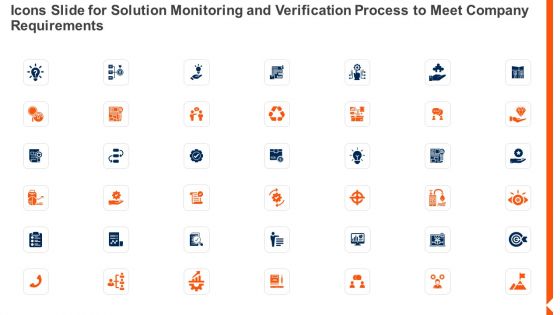 Icons Slide For Solution Monitoring And Verification Process Meet Company Mockup PDF