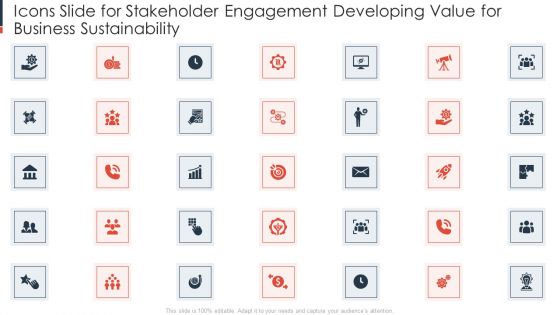 Icons Slide For Stakeholder Engagement Developing Value For Business Sustainability Microsoft PDF