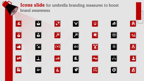 Icons Slide For Umbrella Branding Measures To Boost Brand Awareness Clipart PDF