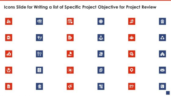 Icons Slide For Writing A List Of Specific Project Objective For Project Review Mockup PDF