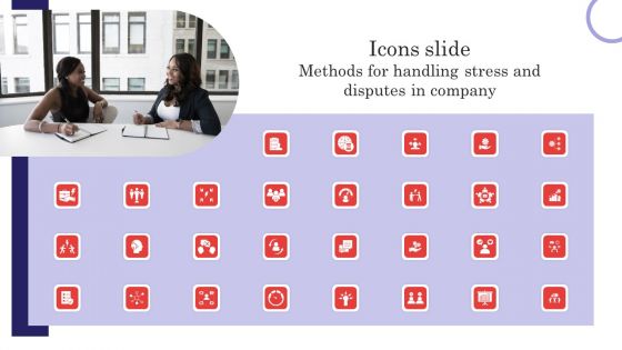 Icons Slide Methods For Handling Stress And Disputes In Company Designs PDF