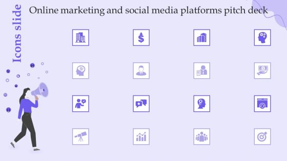 Icons Slide Online Marketing And Social Media Platforms Pitch Deck Themes PDF