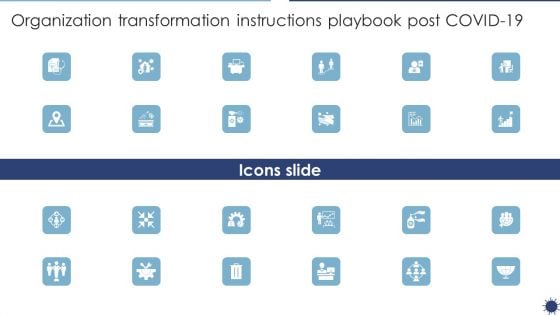 Icons Slide Organization Transformation Instructions Playbook Post COVID19 Pictures PDF