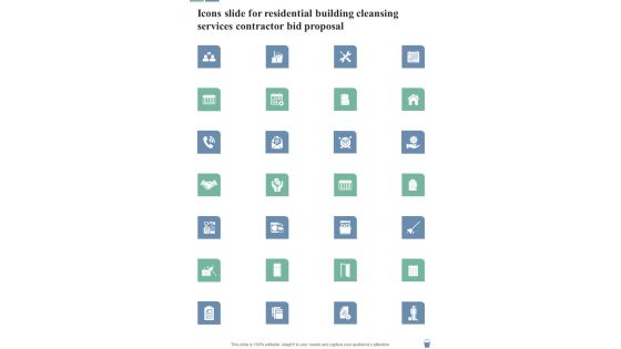 Icons Slide Residential Building Cleansing Services Contractor Bid Proposal One Pager Sample Example Document